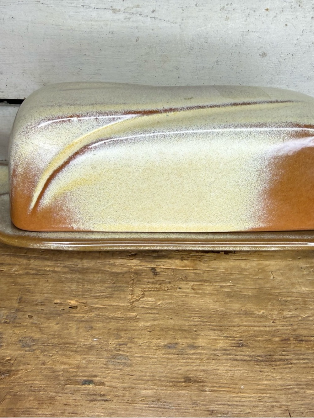 Frankoma Pottery Covered Butter Dish Plainsman Brown Beige Lazybones-4K Vintage